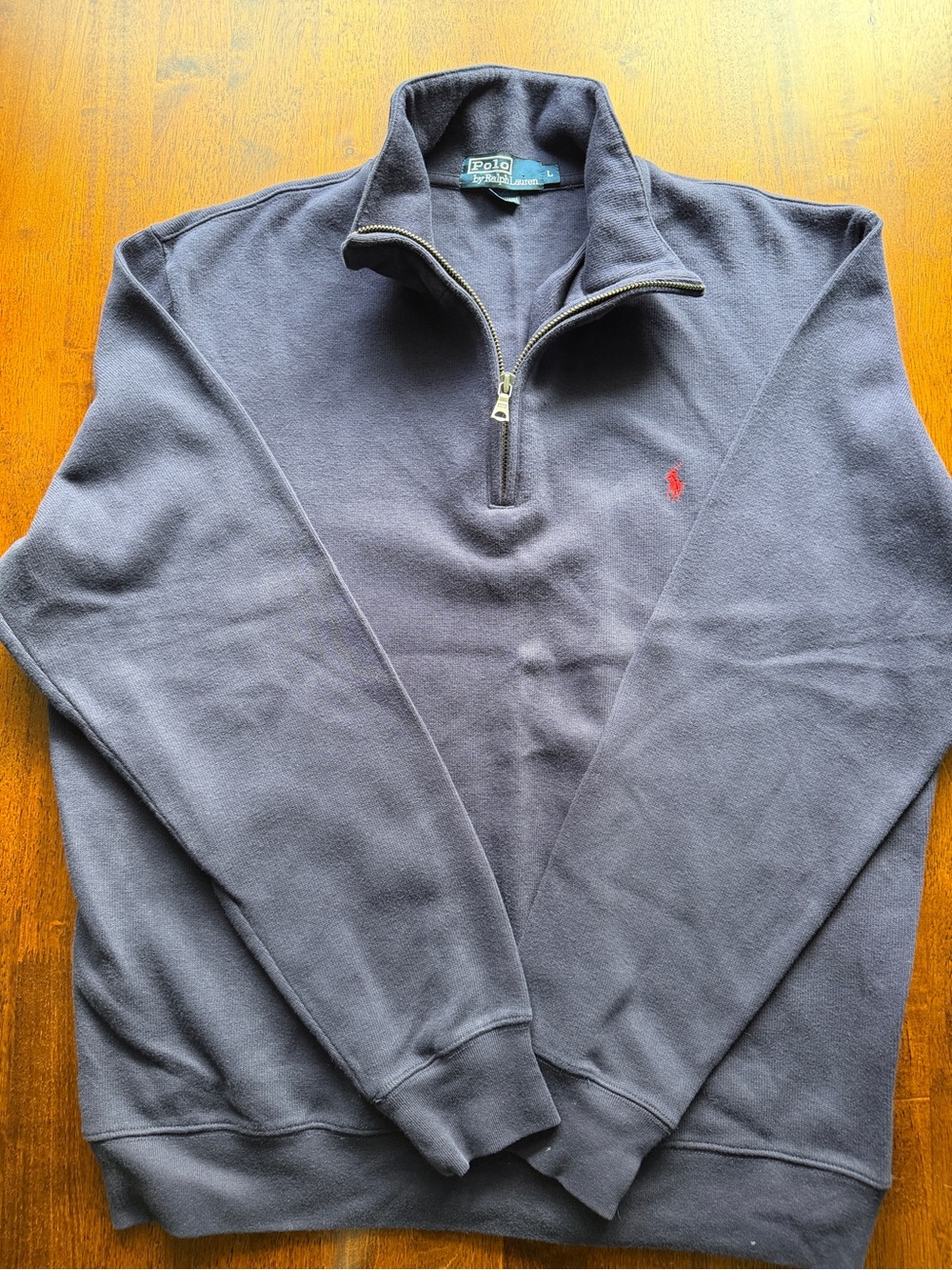 Ralph Lauren Navy Quarter-Zip 100% Cotton Pullover with Red Pony Logo Mens Large